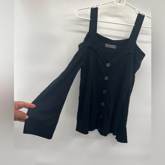 Anthropologie Black Ribbed Open Cold Shoulder Long Sleeve Knit Sweater M buttons - Picture 9 of 10